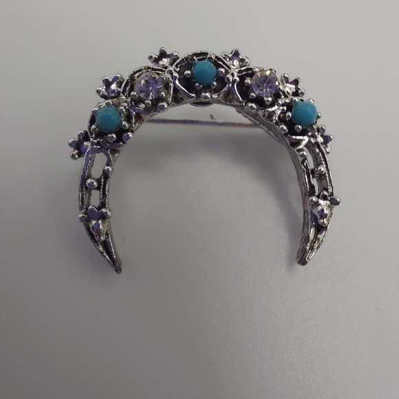 Vintage Silvertone Brooch w/ Clear Rhinestones & Turquoise Beads. VGC & Pretty! - Picture 4 of 11